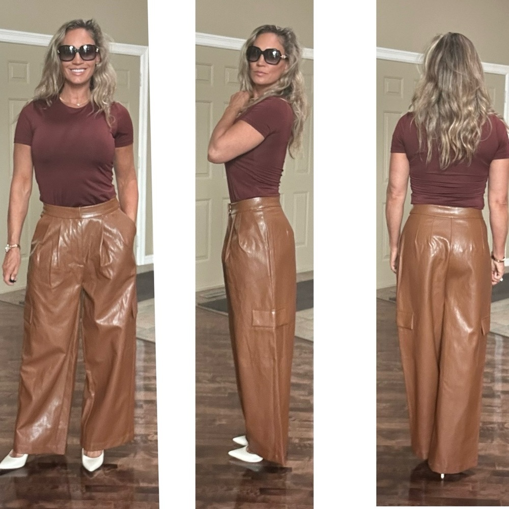 Anthropologie Twentysixhundred Brown faux leather cargo utility wide leg pants